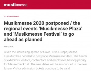 2020年德国法兰克福乐器展（Musik Messe）由于新冠肺炎原因延期举办